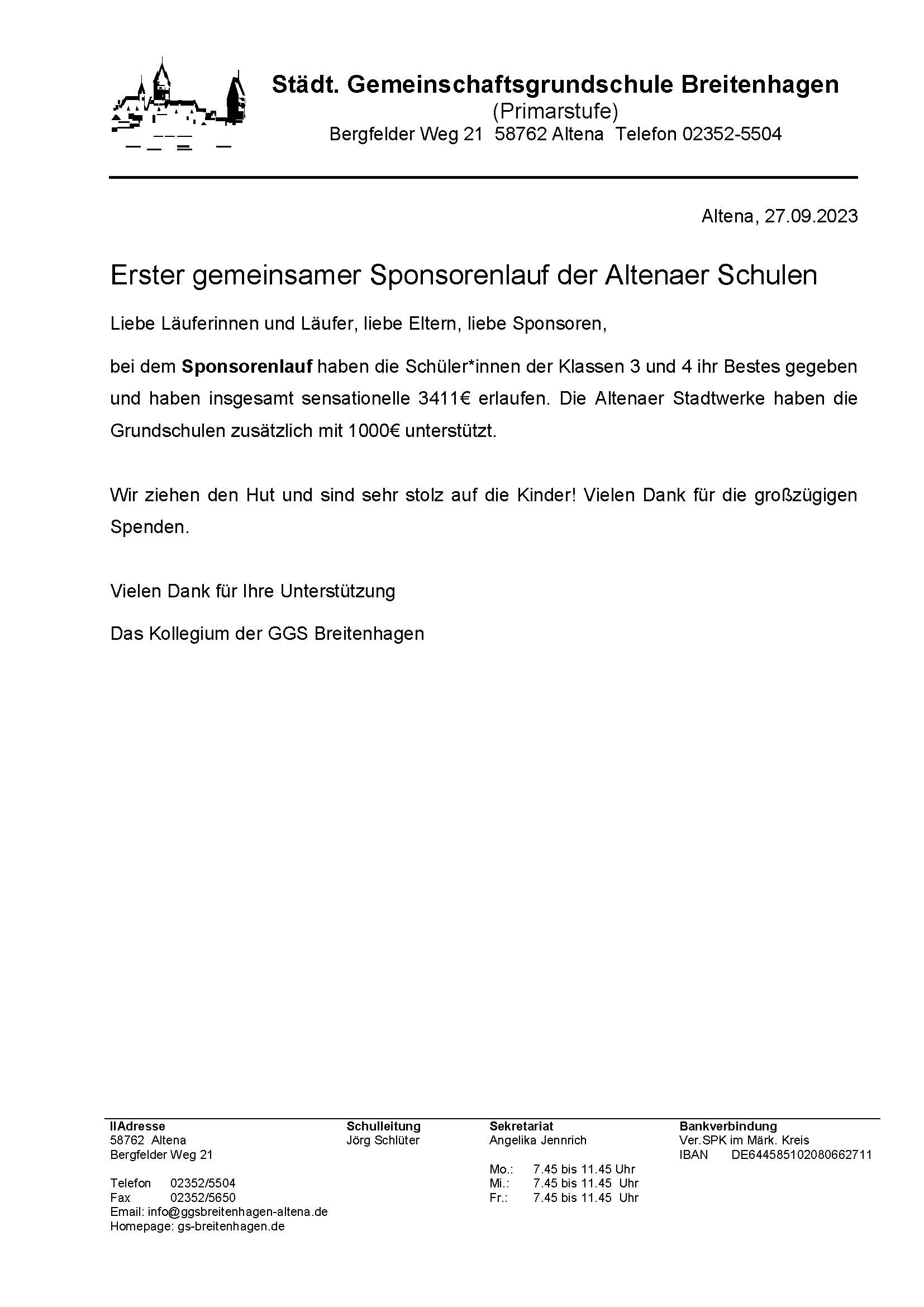 R ckmeldung Zum Sponsorenlauf Grundschule Breitenhagen